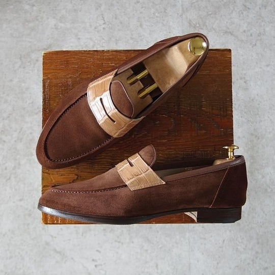 極上★(神戸)スピーゴラ SIZE 7【定価￥107,800-★クロコダイル×スエード/コインローファー】濃茶/メンズ/SPIGOLA★j066