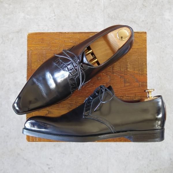 極上★(伊)シルヴァノ・ラッタンジ SIZE 7【貴重★クロコダイル×カーフ/Vフロント】プレーントゥ/黒/Silvano Lattanzi★j080