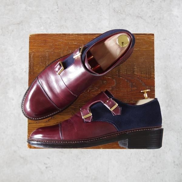 極上★宮城興業 UK5程度【オーダー価格￥67,500-★(英)C.F.ステッド社のスーパーバック使用/コンビ/ダブルモンク】赤茶×紺/メンズ★j116