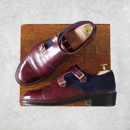 極上★宮城興業 UK5程度【オーダー価格￥67,500-★(英)C.F.ステッド社のスーパーバック使用/コンビ/ダブルモンク】赤茶×紺/メンズ★j116
