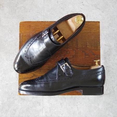 極上★(伊)エンツォ・ボナフェ SIZE 5.5【ハンドソーンウェルテッド製法★モンクストラップ/黒】ウイングチップ/Enzo Bonafe★j169