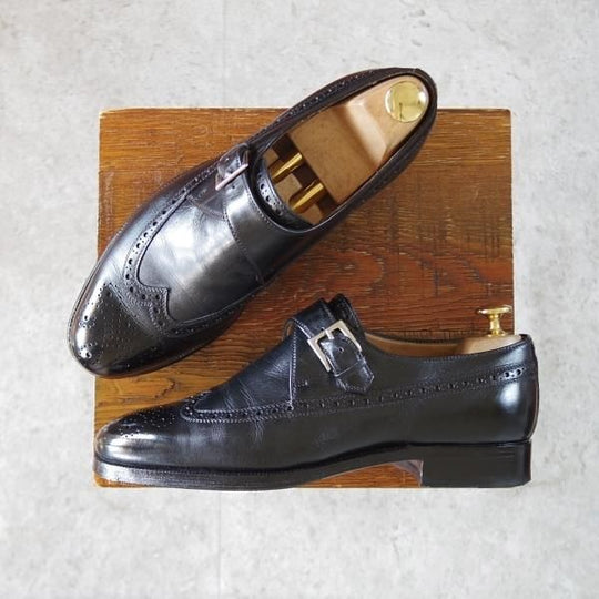 極上★(伊)エンツォ・ボナフェ SIZE 5.5【ハンドソーンウェルテッド製法★モンクストラップ/黒】ウイングチップ/Enzo Bonafe★j169