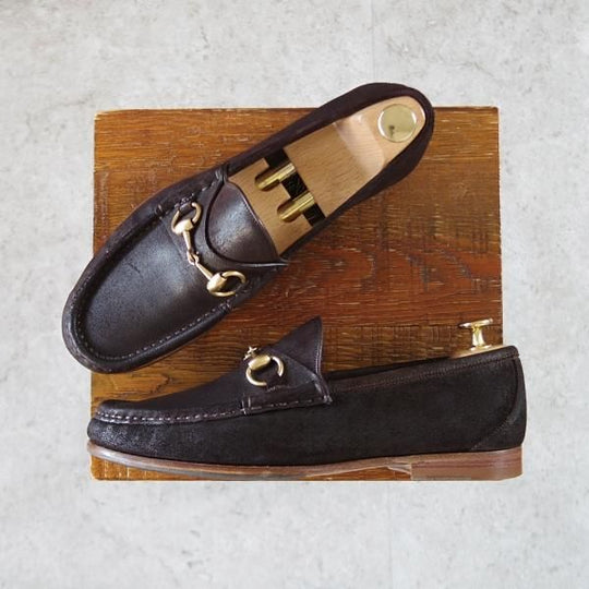 美品★(伊)GUCCI/グッチ SIZE 6【貴重★1953コレクション/ホースビットローファー】バケッタ風スエード/スリッポン/濃茶/メンズ★j189