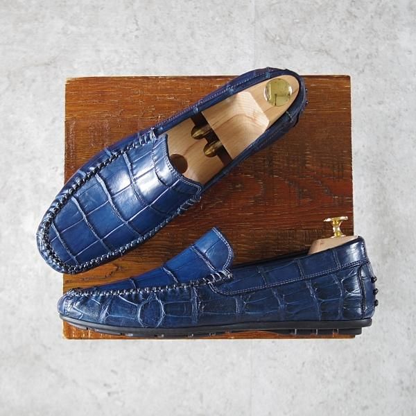 極美品★(伊)ロッソ・フィオレンティーノ SIZE 40【定価￥140,400-★クロコダイル/6850】ローファー/スリッポン/紺★j197