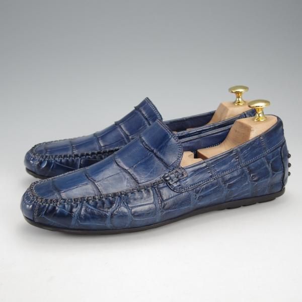 極美品★(伊)ロッソ・フィオレンティーノ SIZE 40【定価￥140,400-★クロコダイル/6850】ローファー/スリッポン/紺★j197