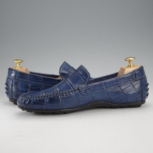 極美品★(伊)ロッソ・フィオレンティーノ SIZE 40【定価￥140,400-★クロコダイル/6850】ローファー/スリッポン/紺★j197
