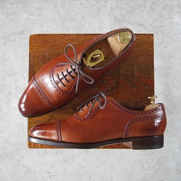 【EDWARDGREEN】 CANTERBURY セミブローグ UK9.5E Edward Green Canterbury - Black & Cloud Antique Calf Oxfords