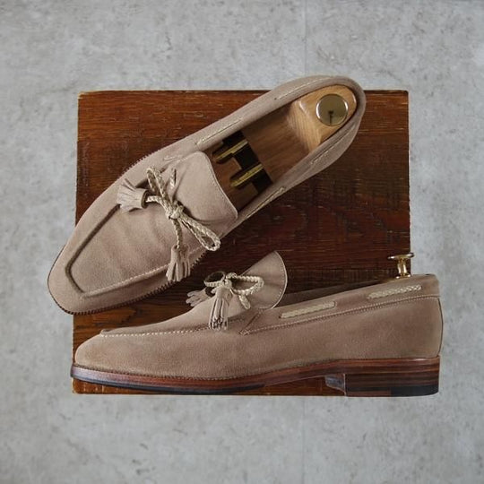 極美品★(伊)エンツォ・ボナフェ SIZE 6【定価10万円程度★BEAMS別注/リボンローファー】スエード/薄茶/ビームス/Enzo Bonafe★j290