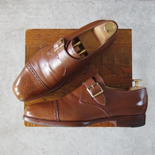 ★(伊)BONORA/ボノーラ SIZE 7.5【貴重★ハンドソーンウェルテッド製法/旧ボノーラ】モンクストラップ/カーフ/茶/メンズ★j428