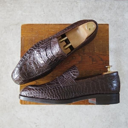 美品★(スペイン製)CARMINA/カルミナ SIZE 6.5【高額★クロコダイル仕様/トレーディングポスト別注】コインローファー/濃茶/メンズ★j431