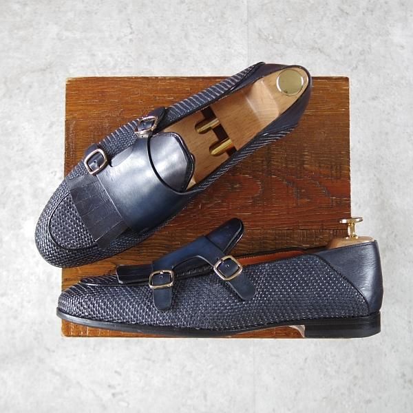 極美品★(伊)サントーニ SIZE 7【★イントレチャート/ダブルバックル】16078/キルト/ローファー/スリッポン/紺/メンズ/Santoni★j440