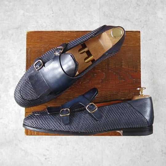 極美品★(伊)サントーニ SIZE 7【★イントレチャート/ダブルバックル】16078/キルト/ローファー/スリッポン/紺/メンズ/Santoni★j440