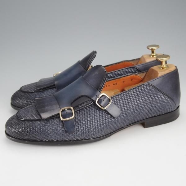 極美品★(伊)サントーニ SIZE 7【★イントレチャート/ダブルバックル】16078/キルト/ローファー/スリッポン/紺/メンズ/Santoni★j440