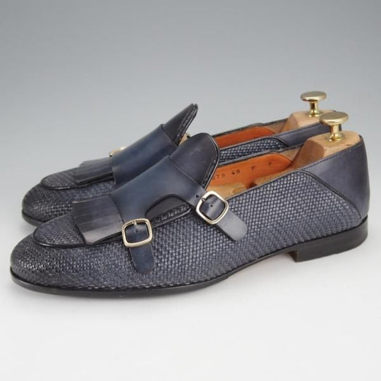 極美品★(伊)サントーニ SIZE 7【★イントレチャート/ダブルバックル】16078/キルト/ローファー/スリッポン/紺/メンズ/Santoni★j440