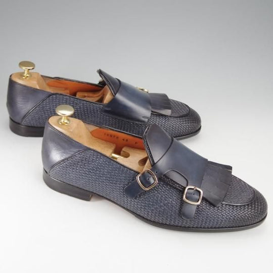 極美品★(伊)サントーニ SIZE 7【★イントレチャート/ダブルバックル】16078/キルト/ローファー/スリッポン/紺/メンズ/Santoni★j440