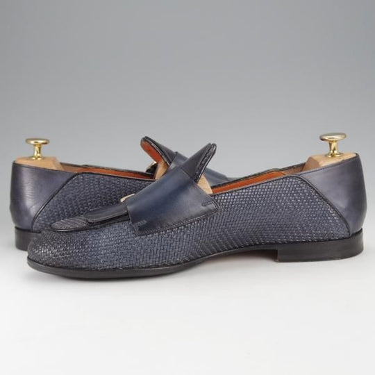 極美品★(伊)サントーニ SIZE 7【★イントレチャート/ダブルバックル】16078/キルト/ローファー/スリッポン/紺/メンズ/Santoni★j440