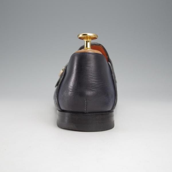 極美品★(伊)サントーニ SIZE 7【★イントレチャート/ダブルバックル】16078/キルト/ローファー/スリッポン/紺/メンズ/Santoni★j440