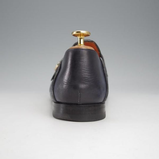 極美品★(伊)サントーニ SIZE 7【★イントレチャート/ダブルバックル】16078/キルト/ローファー/スリッポン/紺/メンズ/Santoni★j440