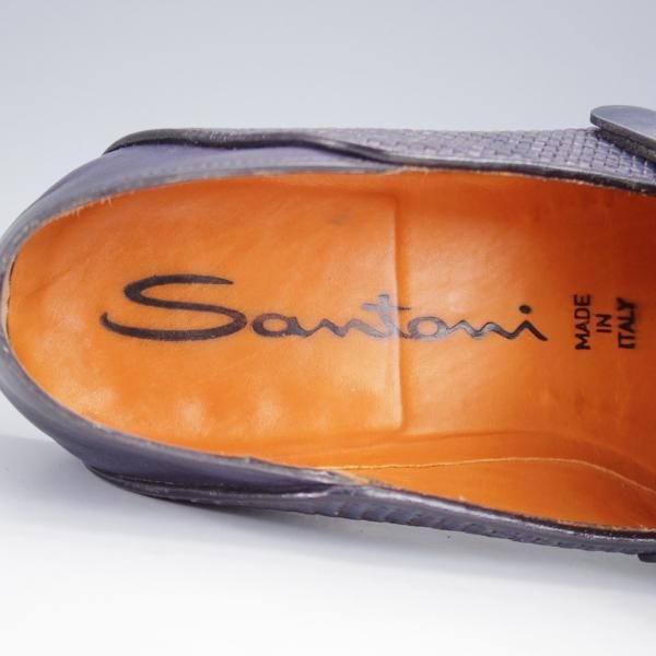 極美品★(伊)サントーニ SIZE 7【★イントレチャート/ダブルバックル】16078/キルト/ローファー/スリッポン/紺/メンズ/Santoni★j440