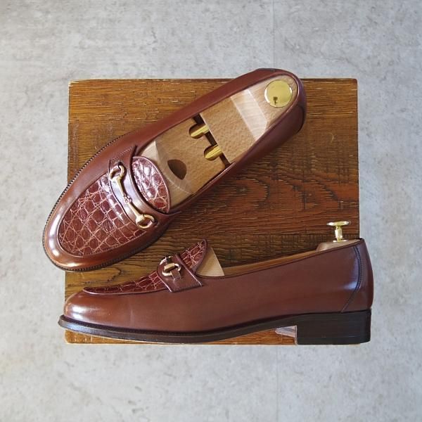 極美品★(伊)タニノクリスチー SIZE 6【高額★クロコダイル×カーフ/コンビ仕様】ビットローファー/茶/TANINO CRISCI★j522