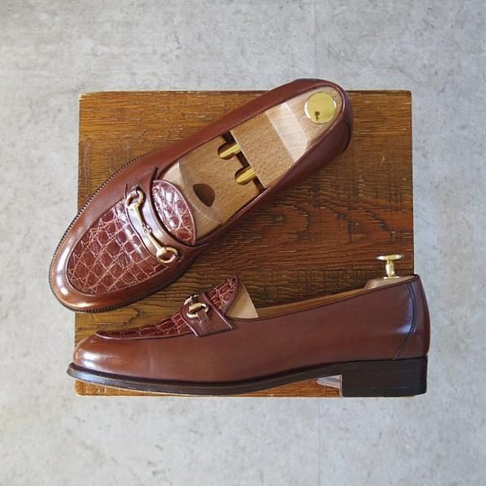 極美品★(伊)タニノクリスチー SIZE 6【高額★クロコダイル×カーフ/コンビ仕様】ビットローファー/茶/TANINO CRISCI★j522