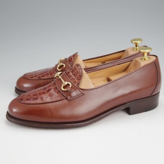 極美品★(伊)タニノクリスチー SIZE 6【高額★クロコダイル×カーフ/コンビ仕様】ビットローファー/茶/TANINO CRISCI★j522