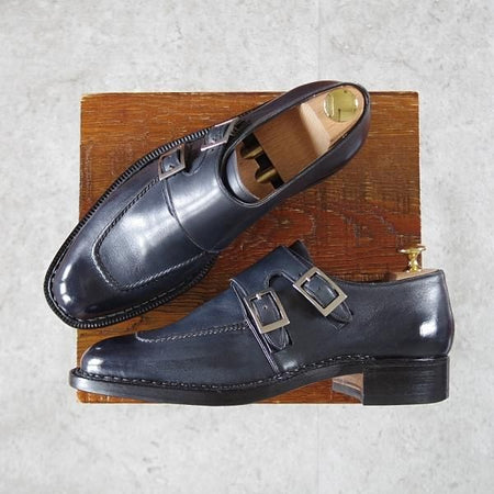 極上★(伊)マンニーナ UK6程度【貴重★ノルベジェーゼ製法/ダブルモンク】カーフ/紺/メンズ/MANNINA★j543