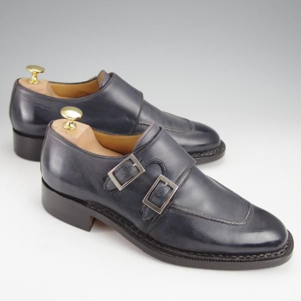 極上★(伊)マンニーナ UK6程度【貴重★ノルベジェーゼ製法/ダブルモンク】カーフ/紺/メンズ/MANNINA★j543