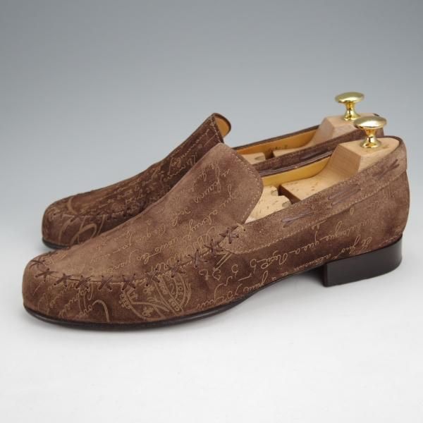 極上★(仏)ベルルッティ SIZE 7【カリグラフィ(スクリット仕様)★ローファー/茶】スリッポン/スエード/メンズ/Berluti★j605