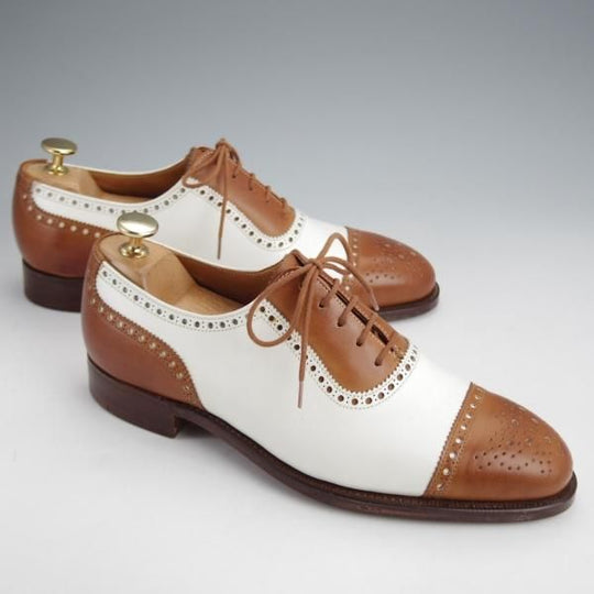 未使用★クロケット&ジョーンズ 6E【★セミブローグ/317ラスト】コンビ/白×茶/カーフ/メンズ/Crockett&Jones★j653