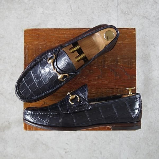 極美品★(伊)GUCCI/グッチ SIZE 6【クロコダイル仕様★1953コレクション/ホースビットローファー】スリッポン/紺/メンズ★j777