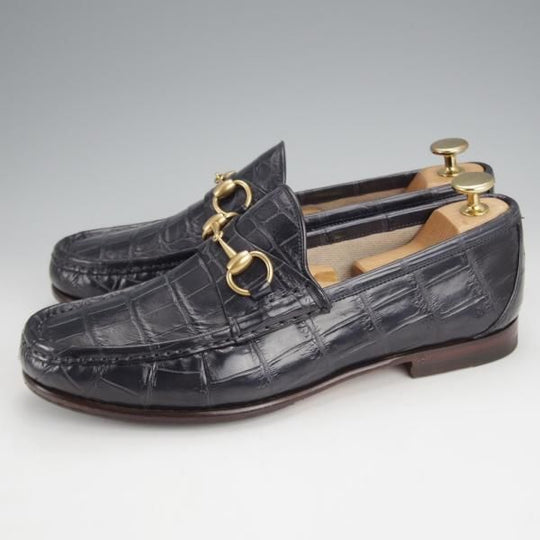 極美品★(伊)GUCCI/グッチ SIZE 6【クロコダイル仕様★1953コレクション/ホースビットローファー】スリッポン/紺/メンズ★j777