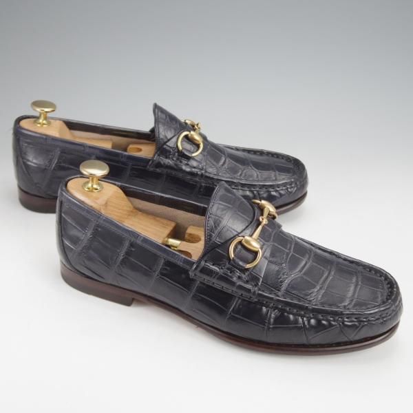 極美品★(伊)GUCCI/グッチ SIZE 6【クロコダイル仕様★1953コレクション/ホースビットローファー】スリッポン/紺/メンズ★j777