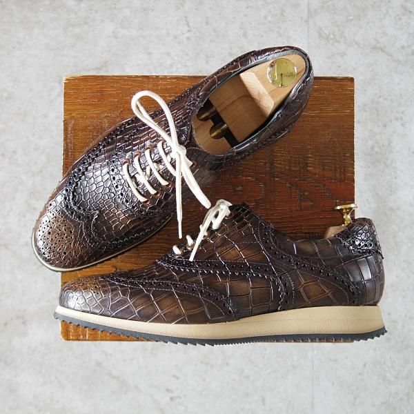 ほぼ未使用★(スペイン製)ZAMPIERE/ザンピエレ SIZE 6.5【★レザースニーカー/クロコ型押し】フルブローグ/濃茶/メンズ★j867