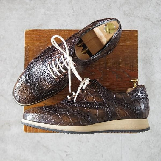 ほぼ未使用★(スペイン製)ZAMPIERE/ザンピエレ SIZE 6.5【★レザースニーカー/クロコ型押し】フルブローグ/濃茶/メンズ★j867