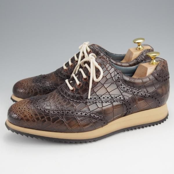 ほぼ未使用★(スペイン製)ZAMPIERE/ザンピエレ SIZE 6.5【★レザースニーカー/クロコ型押し】フルブローグ/濃茶/メンズ★j867