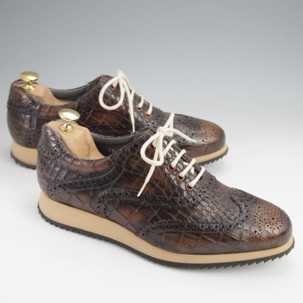 ほぼ未使用★(スペイン製)ZAMPIERE/ザンピエレ SIZE 6.5【★レザースニーカー/クロコ型押し】フルブローグ/濃茶/メンズ★j867