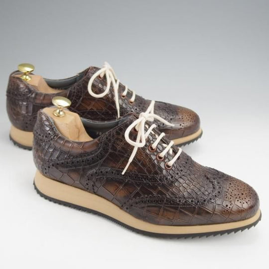 ほぼ未使用★(スペイン製)ZAMPIERE/ザンピエレ SIZE 6.5【★レザースニーカー/クロコ型押し】フルブローグ/濃茶/メンズ★j867