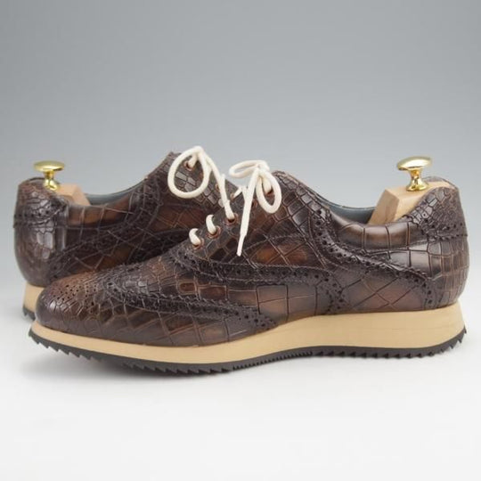 ほぼ未使用★(スペイン製)ZAMPIERE/ザンピエレ SIZE 6.5【★レザースニーカー/クロコ型押し】フルブローグ/濃茶/メンズ★j867