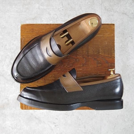 ★(浅草)H.ARAI/荒井弘史靴研究所 UK7程度【注文価格￥75,600-★H.ARAIソール仕様/パターンオーダー品】FA-137/ローファー/黒×灰茶★j878