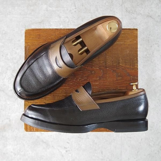 ★(浅草)H.ARAI/荒井弘史靴研究所 UK7程度【注文価格￥75,600-★H.ARAIソール仕様/パターンオーダー品】FA-137/ローファー/黒×灰茶★j878