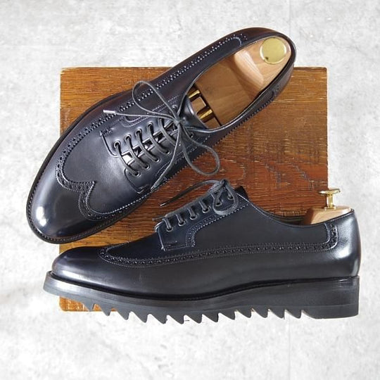 極美品★(伊)F.LLIジャコメッティ SIZE 42【シャークソール仕様★ロングウイング/FG216】Massimo/カーフ/紺/Giacometti★j960