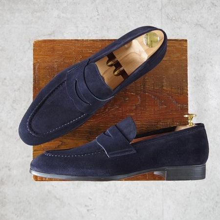 未使用★(伊)サントーニ SIZE 5.5【現行モデル定価￥102,300-★コインローファー/14944】スエード/紺/メンズ/Santoni★j999