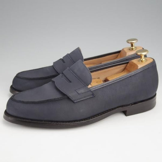 極美品★クロケット&ジョーンズ 7E【貴重★バーニーズNY別注/BROOKLYN】391ラスト/コインローファー/ヌバック/紺/Crockett&Jones★k024