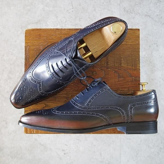 未使用★(伊)フランチェスコ・ベニーニョ SIZE 8【紺〜赤茶系パティーヌ★フルブローグ/4564】カーフ/メンズ/Francesco Benigno★k044