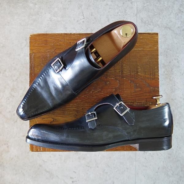 美品★(伊)シルヴァノ・ラッタンジ SIZE 5.5【ハンドソーンウェルテッド製法★シャドウステッチ/ダブルモンク】カーフ/黒/メンズ★k105