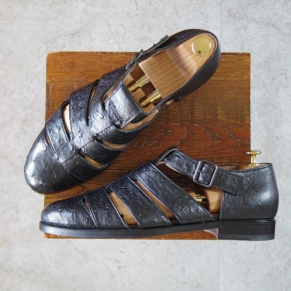 極美品★(伊)F.LLIジャコメッティ SIZE 42【定価￥143,000-★オーストリッチ/グルカサンダル/FG166】黒/メンズ/Giacometti★k147