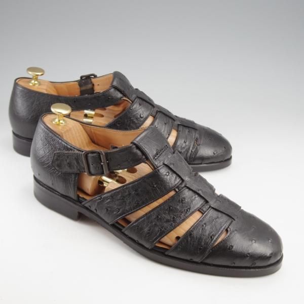 極美品★(伊)F.LLIジャコメッティ SIZE 42【定価￥143,000-★オーストリッチ/グルカサンダル/FG166】黒/メンズ/Giacometti★k147