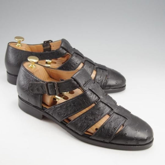 極美品★(伊)F.LLIジャコメッティ SIZE 42【定価￥143,000-★オーストリッチ/グルカサンダル/FG166】黒/メンズ/Giacometti★k147