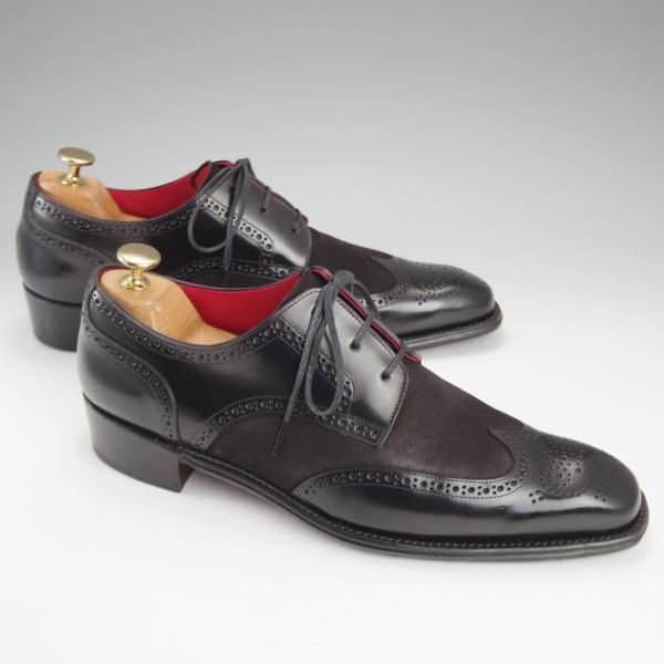 美品★宮城興業 UK7.5程度【パターンオーダー品★コンビ仕様/フルブローグ】ポリッシュレザー×ヌバック/黒/メンズ/MIYAGI KOGYO★k162